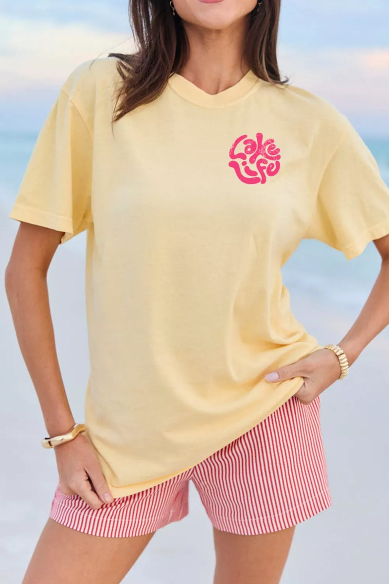 Pastel yellow slogan print round neck tee front view