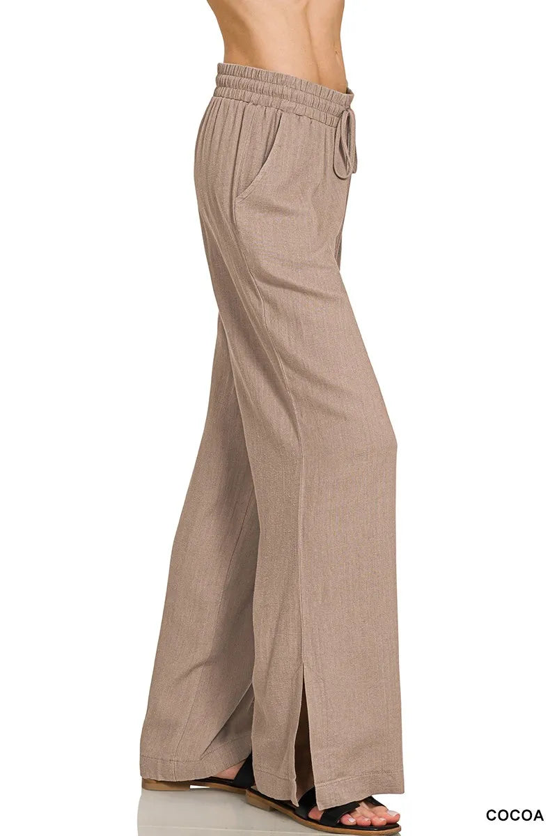 Linen blend wide leg drawstring pants side view