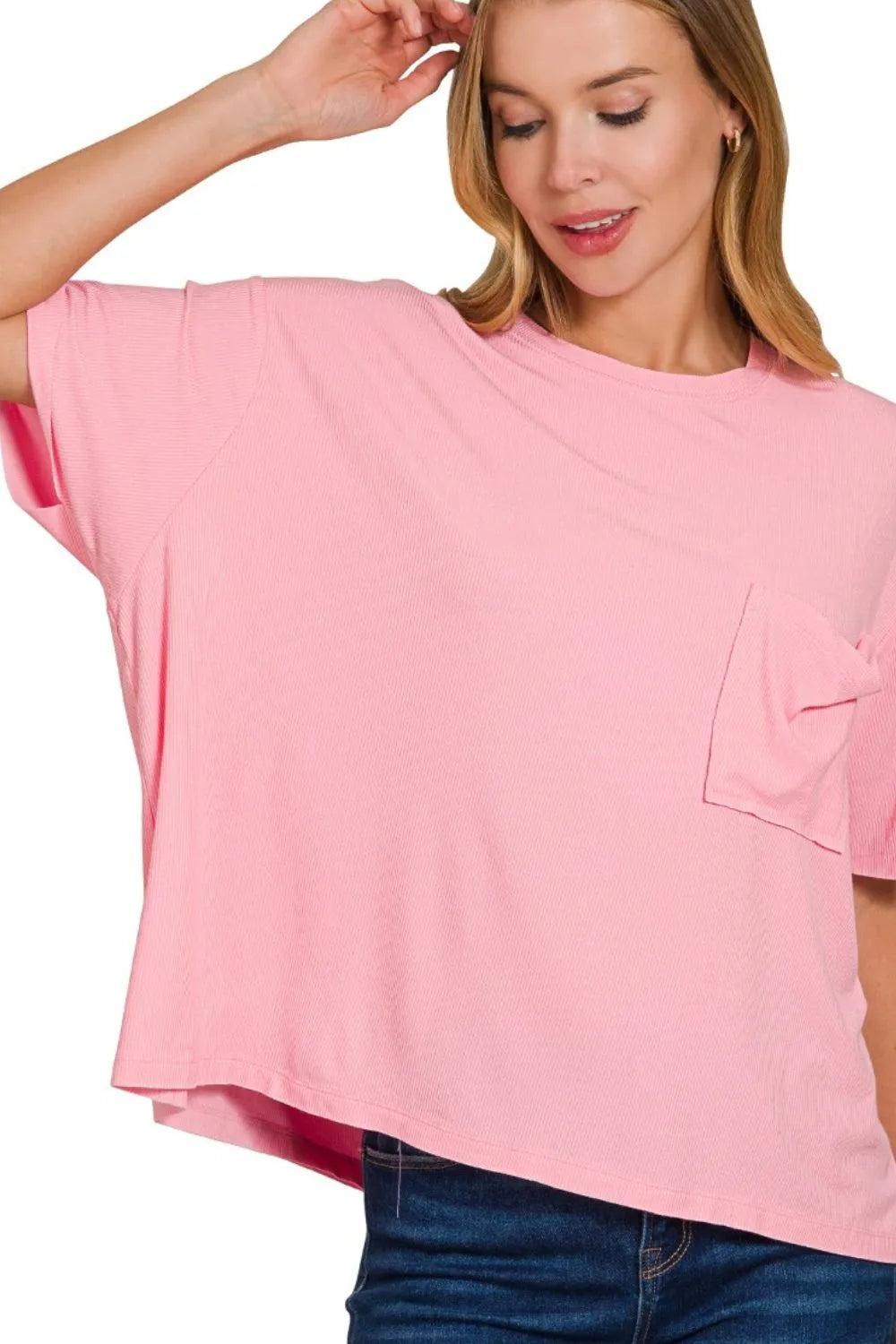 Zenana Oversized Ribbed Round Neck Short Sleeve Tee DK PINK - Fashorio