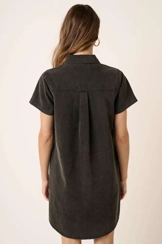 Button Detail Collared Neck Short Sleeve Shirt Dress styled look