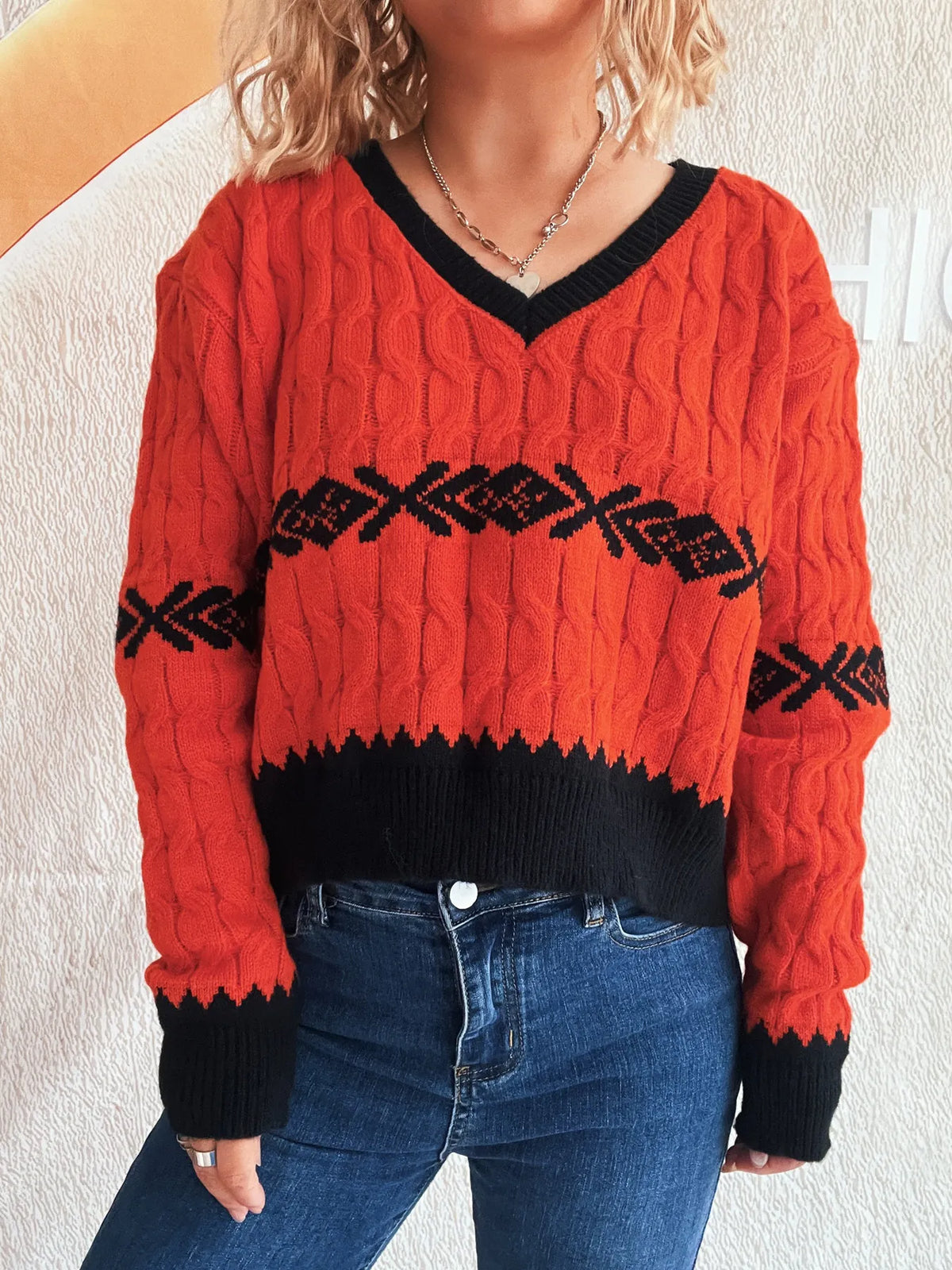 Cable Knit V Neck Sweater side view