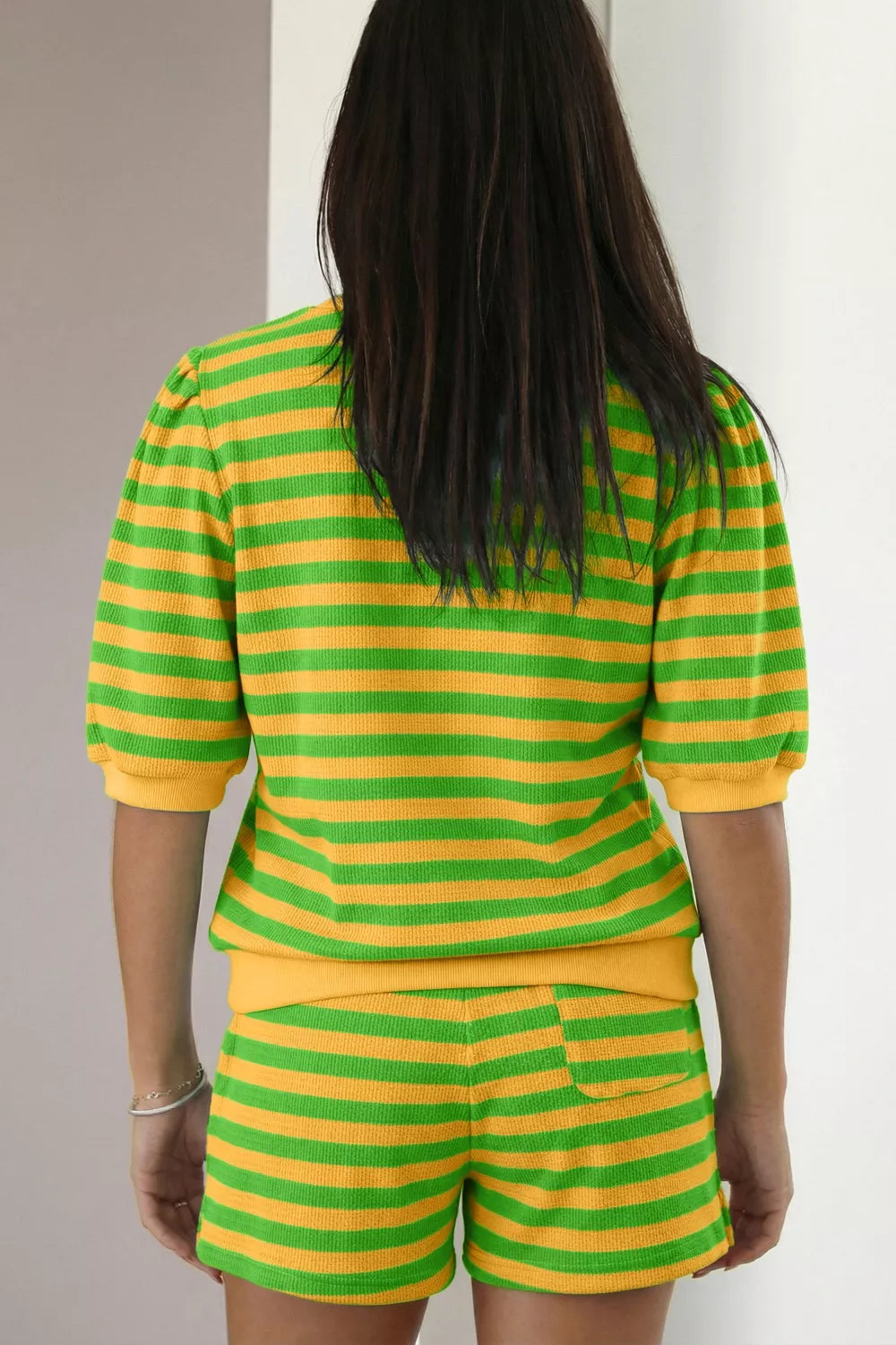 Striped puff sleeve top and shorts set side view