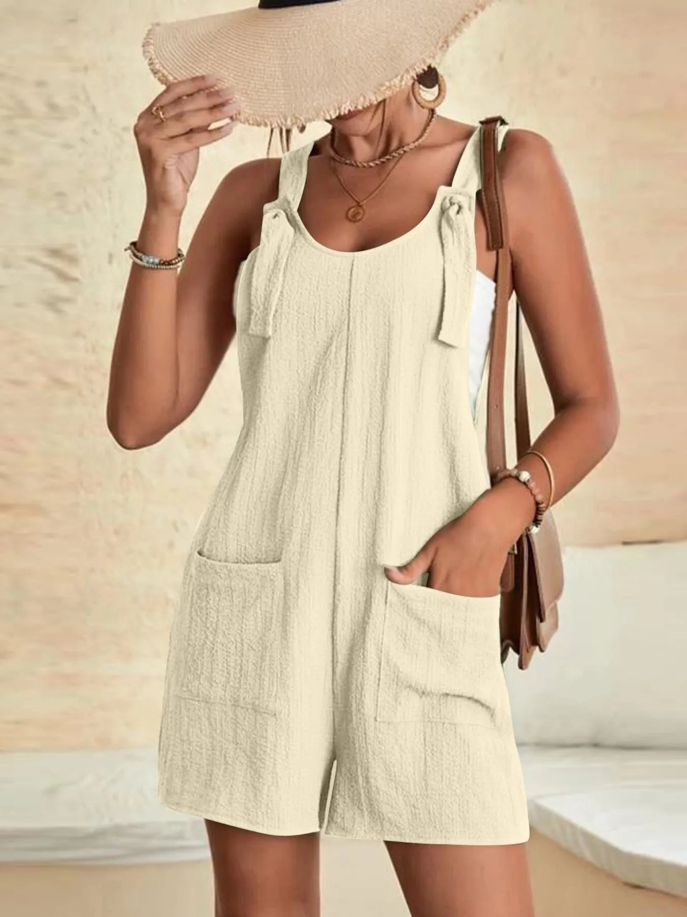 Full Size Knot Strap Romper with Pockets Plus Size Apricot - Fashorio