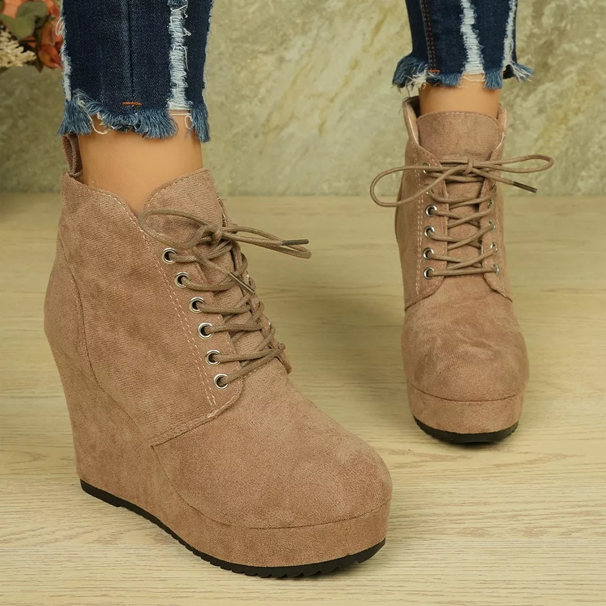 Lace Up Wedge Ankle Boots angled studio shot