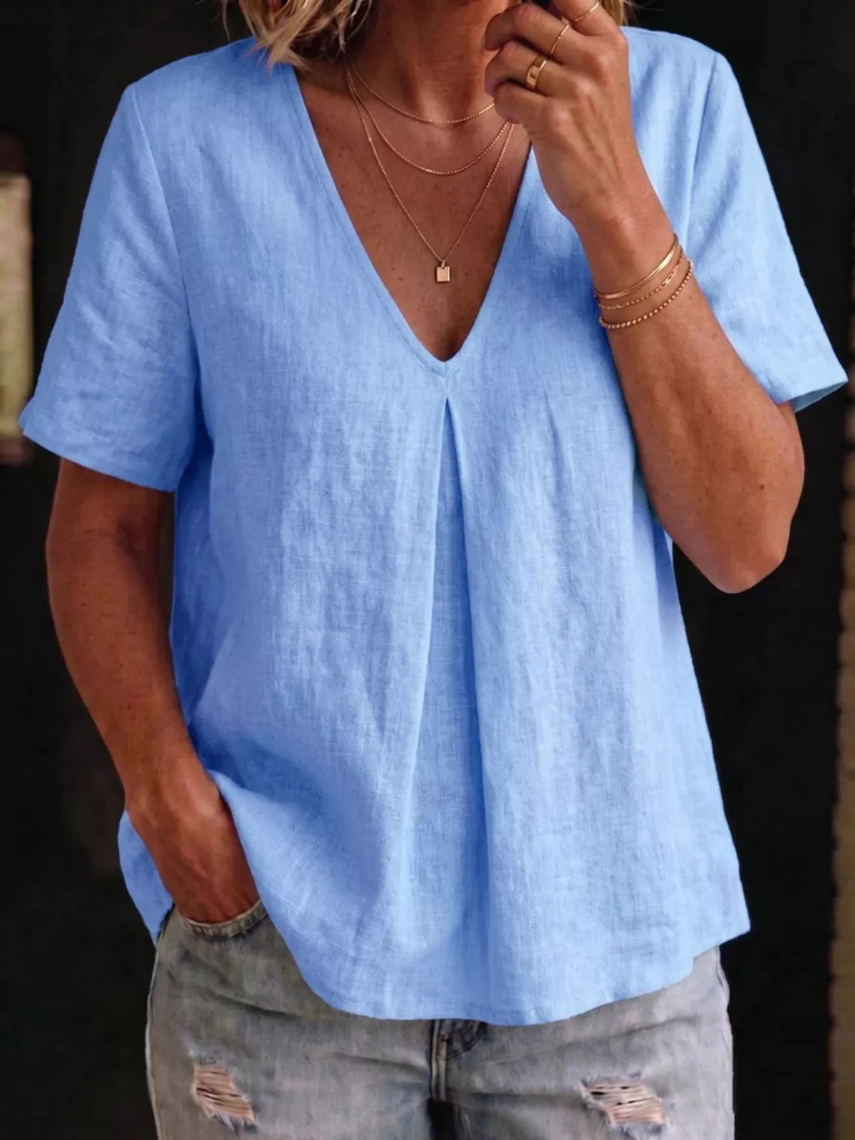 V neck blouse in sky blue side view