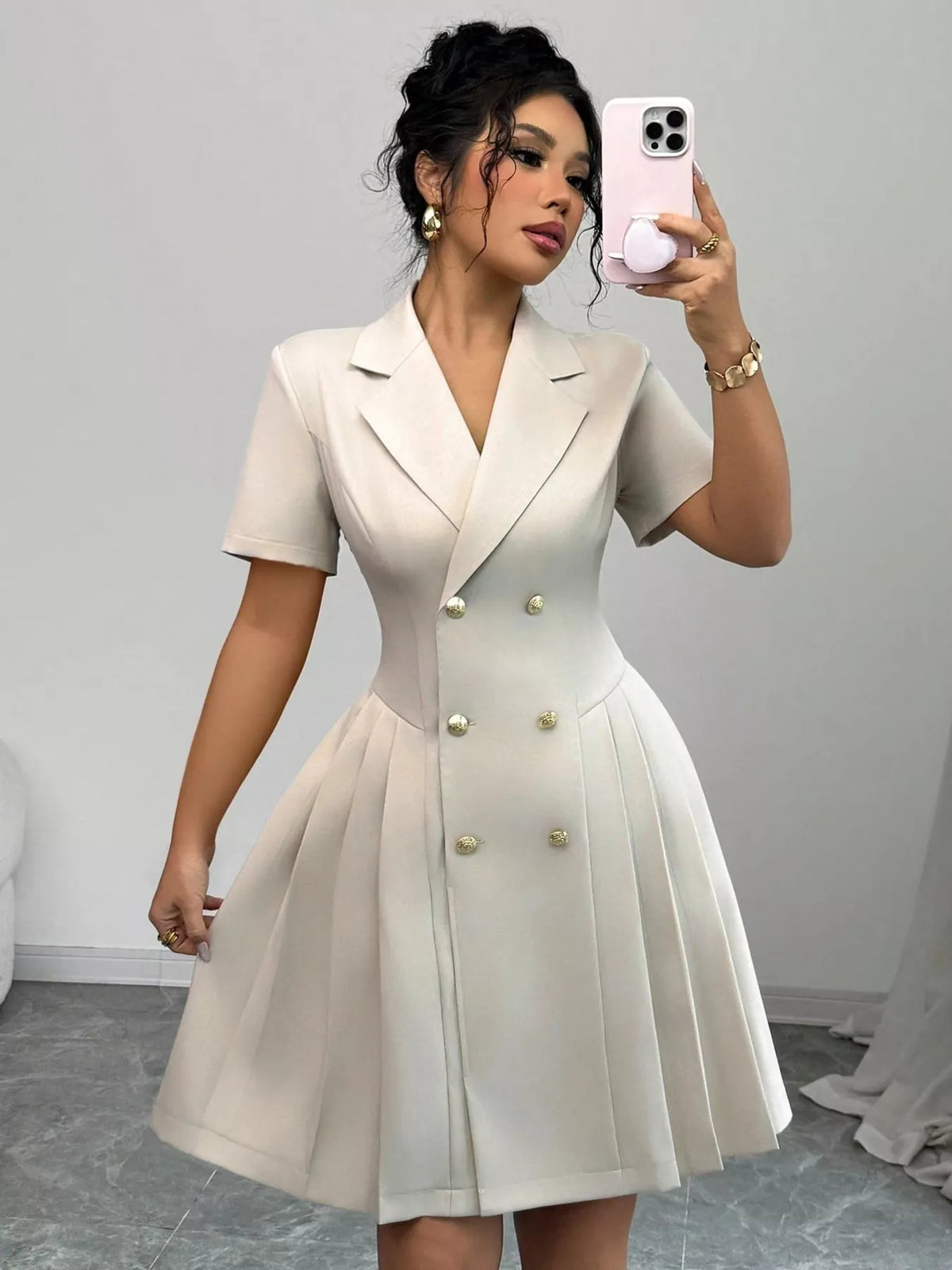 Double breasted pleated blazer dress full length view