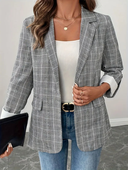 Single-Breasted Lapel Collar Plaid Blazer - Fashorio