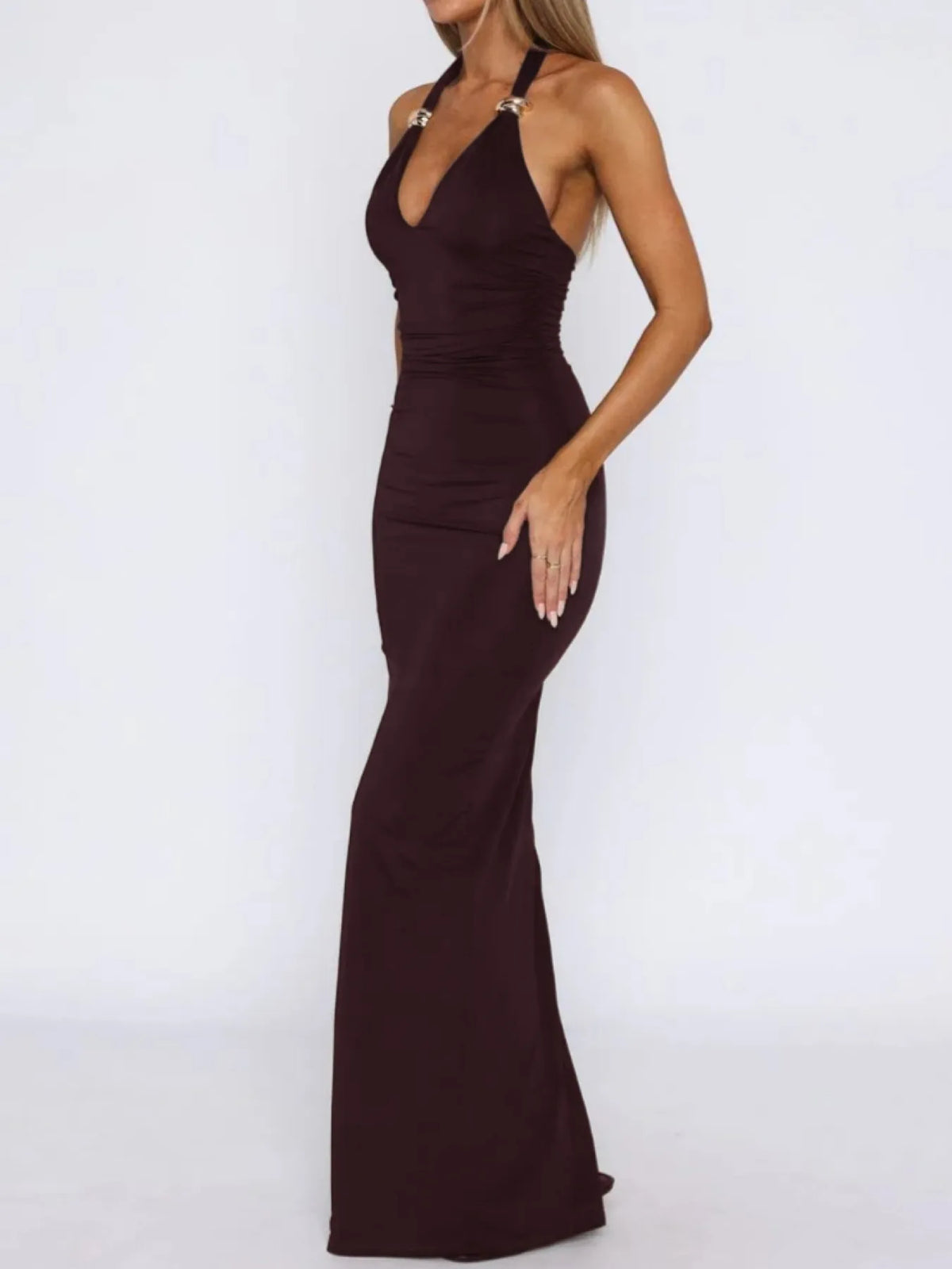 Halter neck maxi dress side view