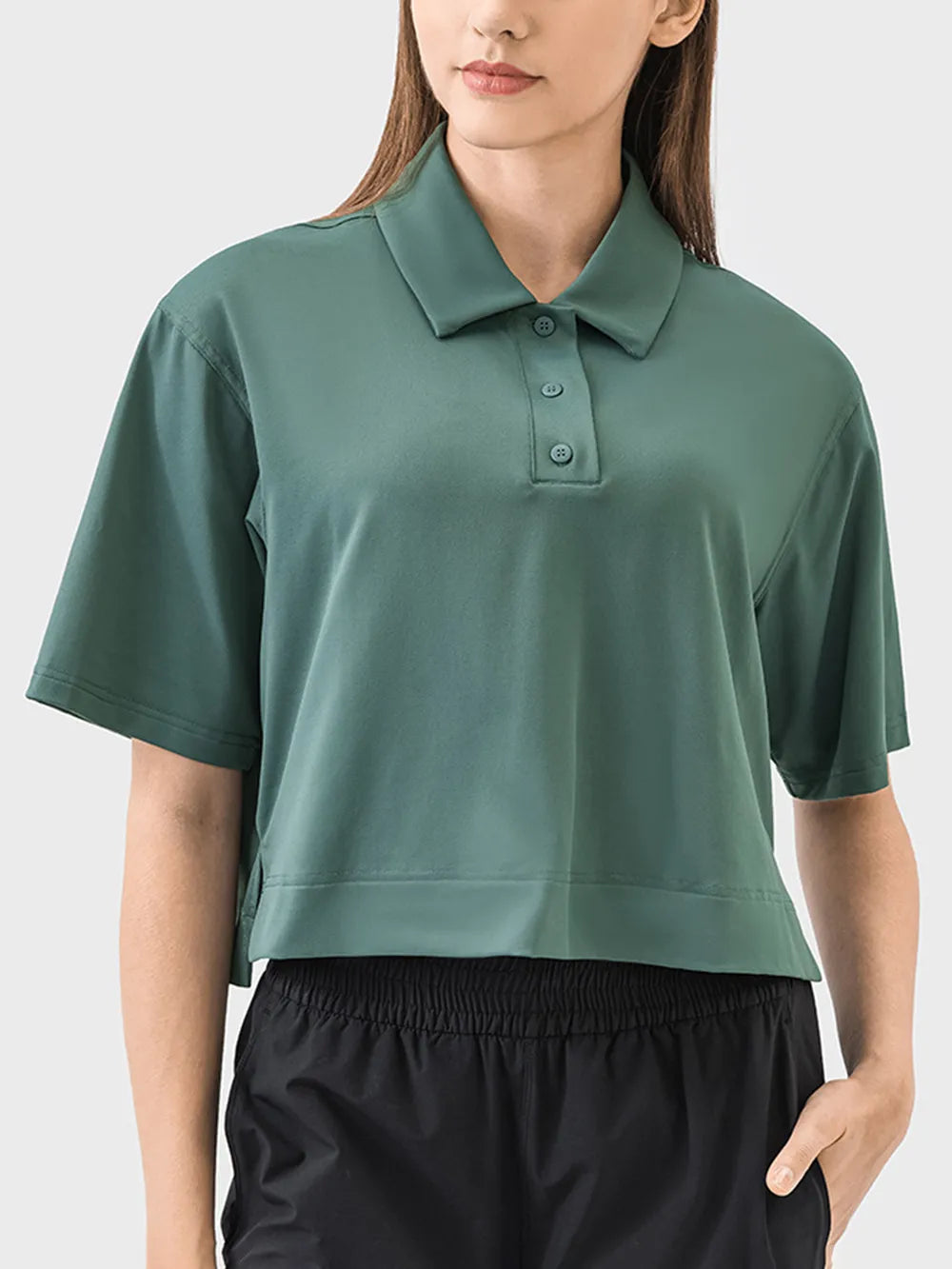 Half button short sleeve active tee styled view