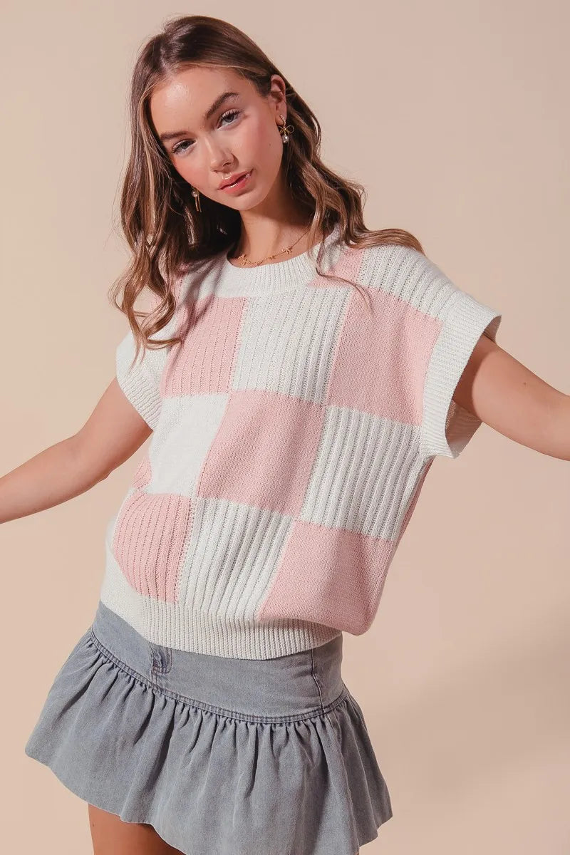 Check Plaid Casual Sweater Top in Dusty Pink