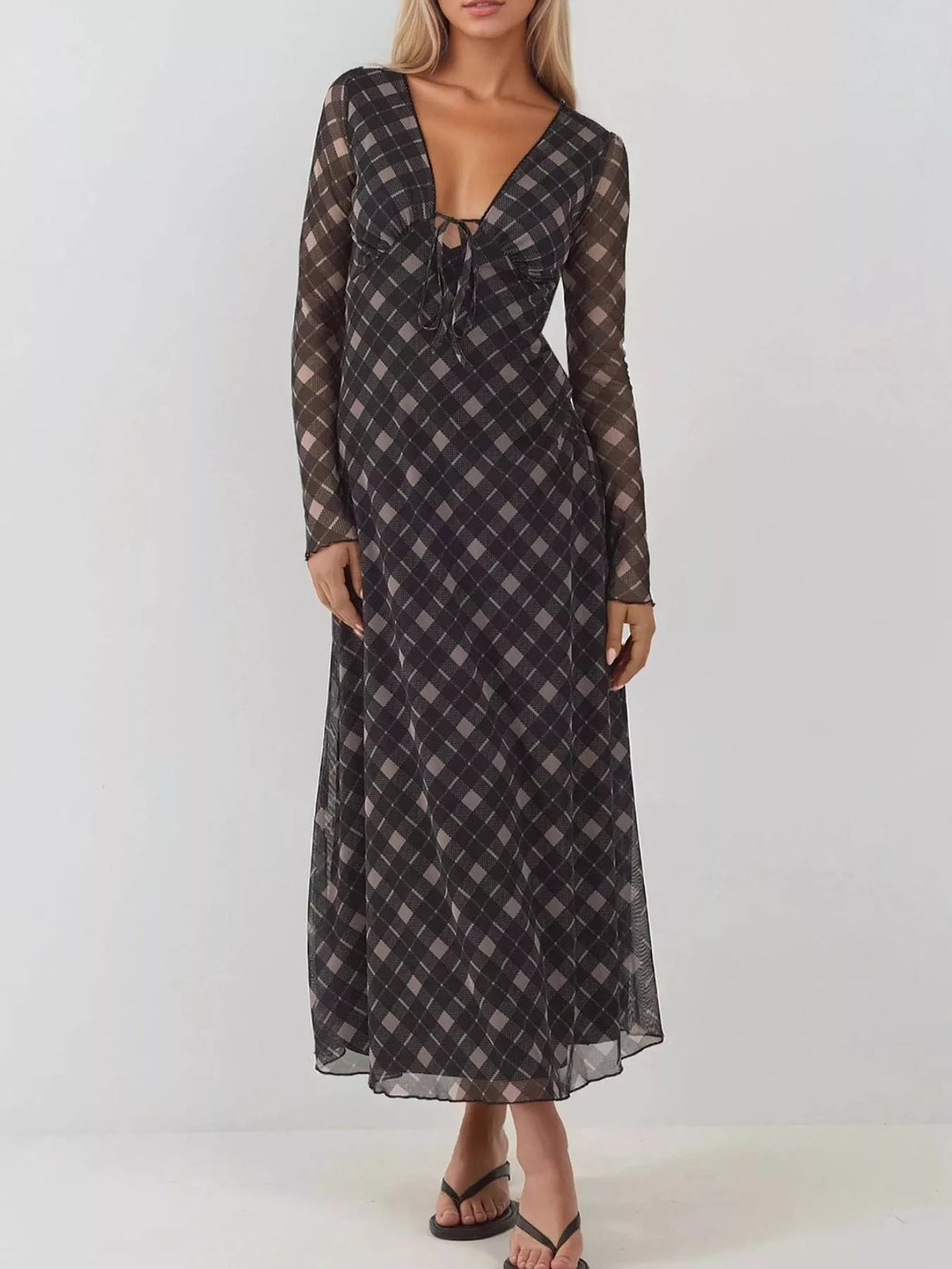 Plaid Tie Front Long Sleeve Dress back view