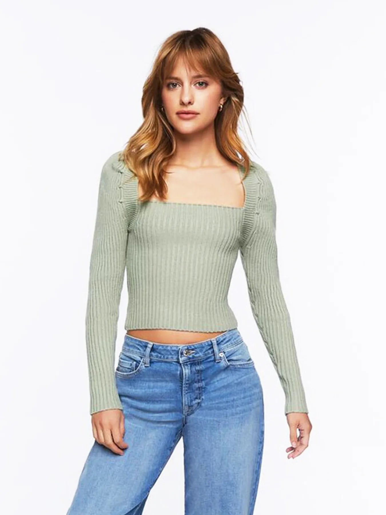 Ribbed Square Neck Long Sleeve Sweater - Fashorio