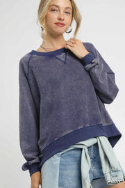Umgee Mineral Wash French Terry Sweatshirt Navy - Fashorio
