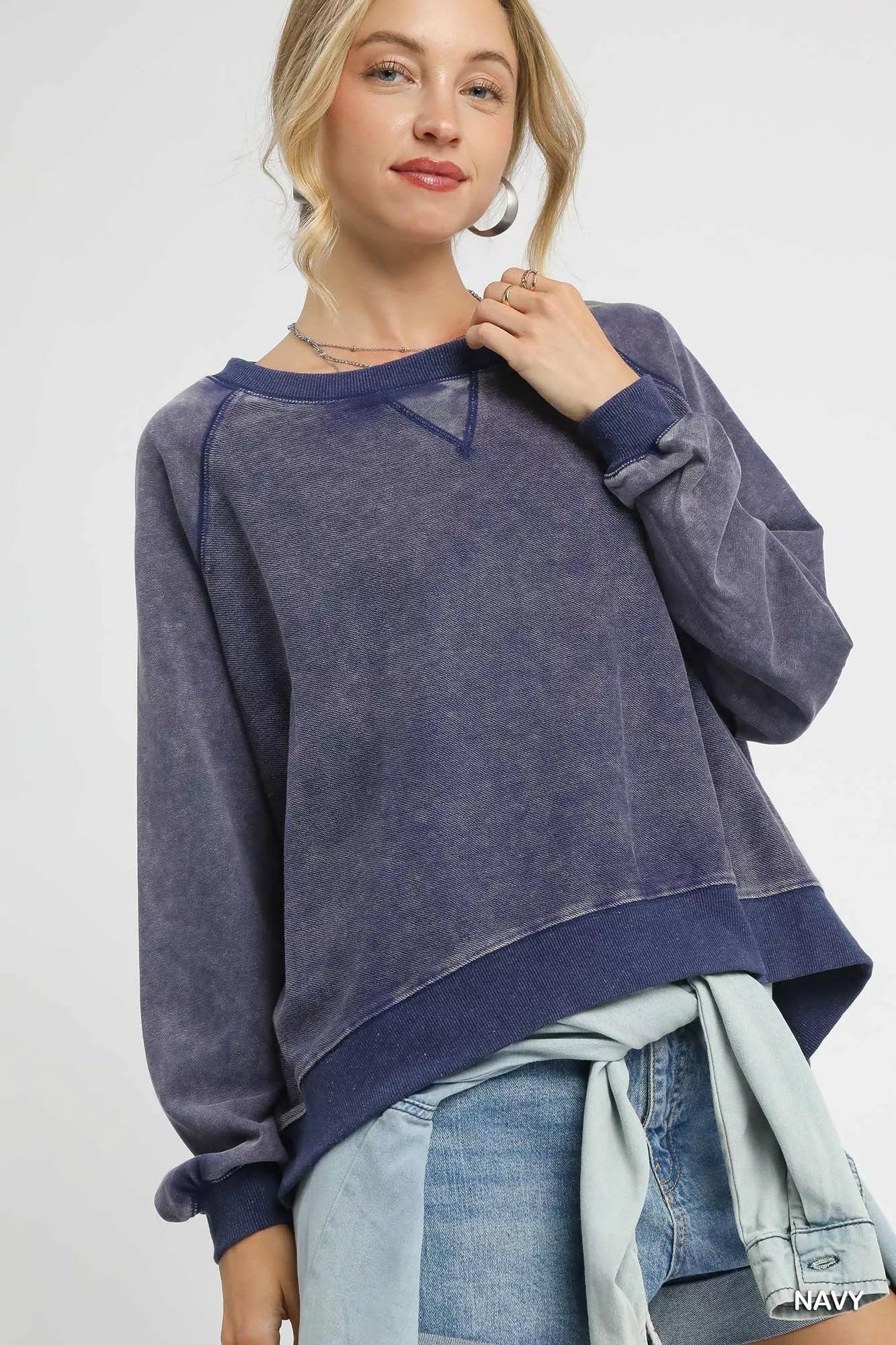 Umgee Mineral Wash French Terry Sweatshirt Navy - Fashorio