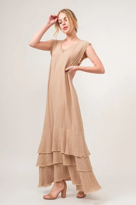 Washed Fringe Detail Tiered Dress detail