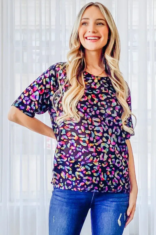 Leopard Foil Print Half Sleeve Sweater Top detail