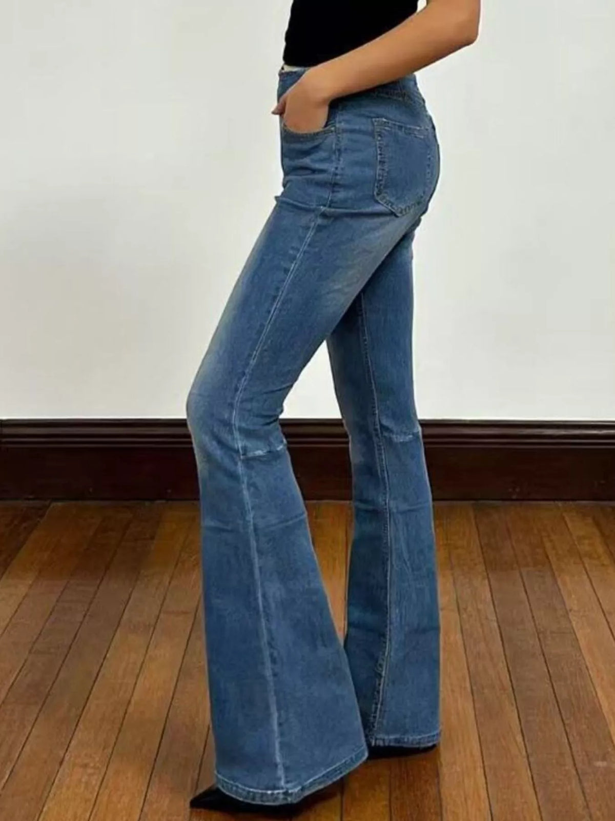 Kick flare hem on denim jeans