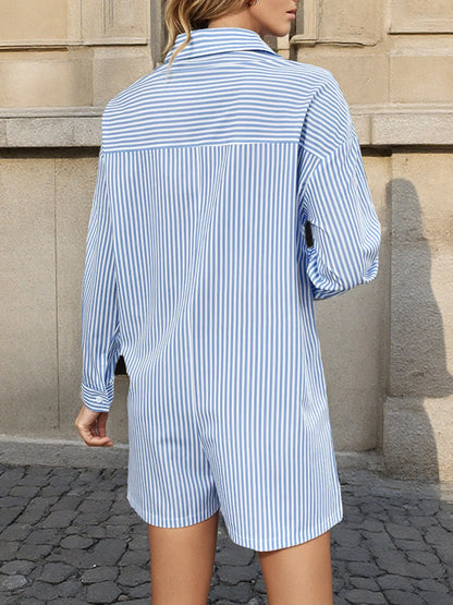 Striped Button Front Long Sleeve Romper - Fashorio