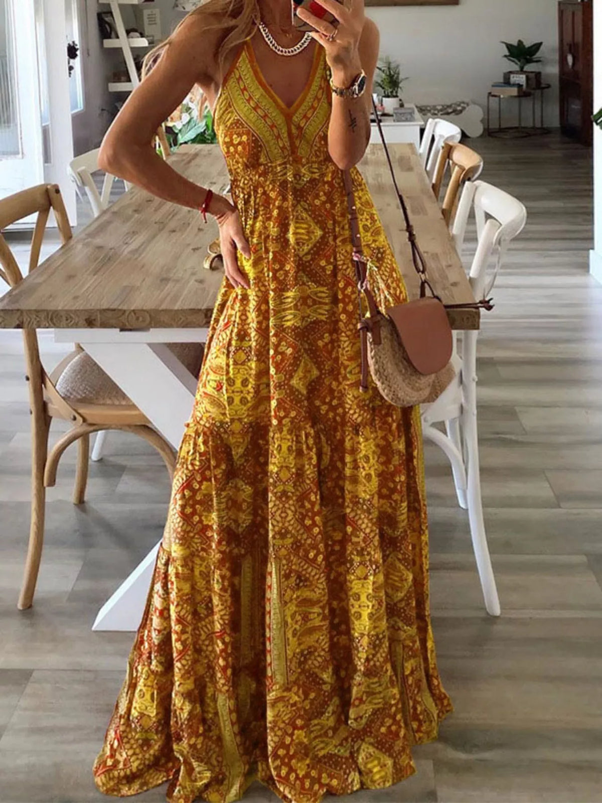 Printed maxi dress tiered skirt detail