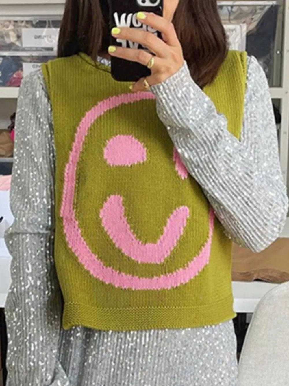 Smiley Face Round Neck Sweater Vest in Mustard view 14