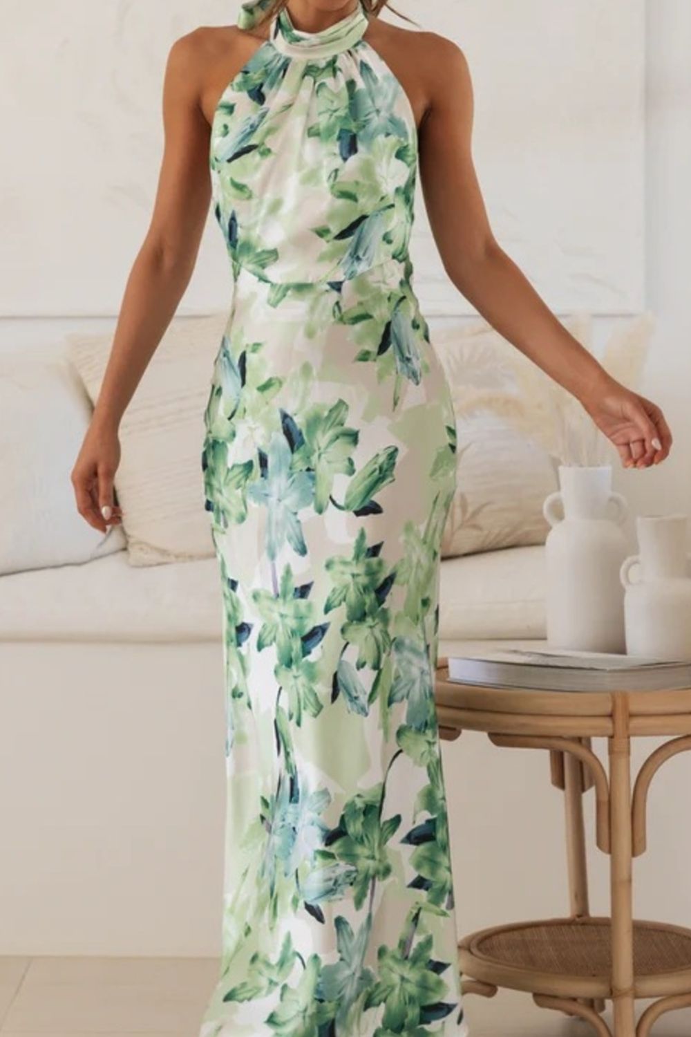 floral halter neck maxi dress with leg slit styled outfit view
