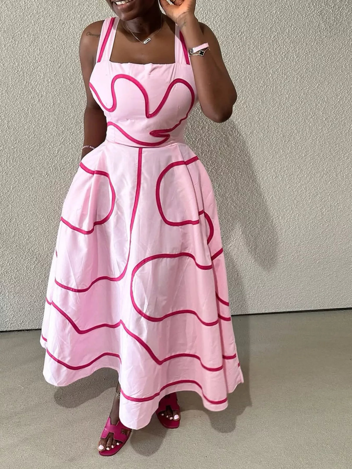 Abstract print dress shown in the white colorway