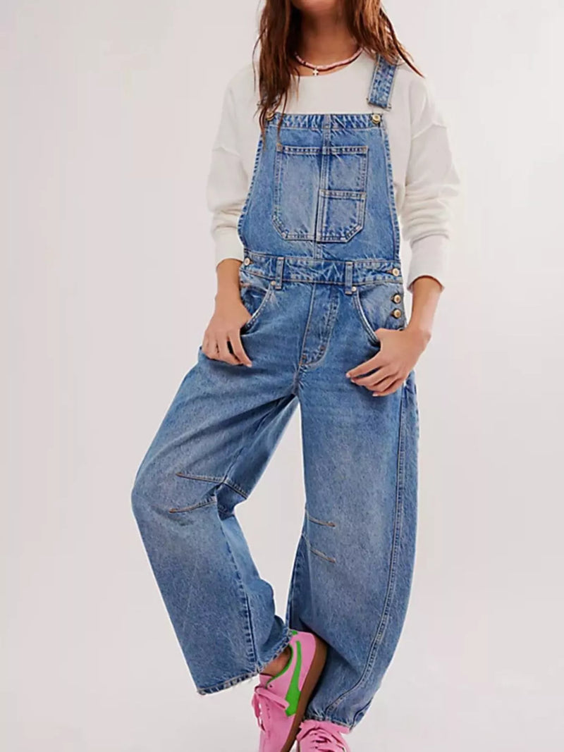 Wide leg denim overalls front view on model