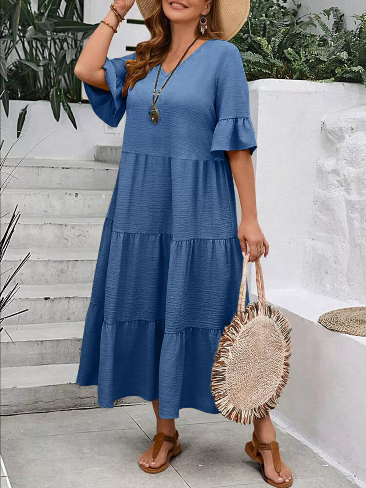 Plus Size Ruffle Sleeve Tiered Midi Dress, view 13