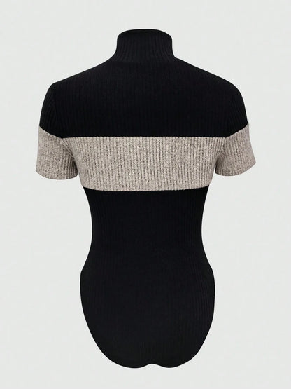 Color Block Turtleneck Ribbed Bodysuit - Fashorio