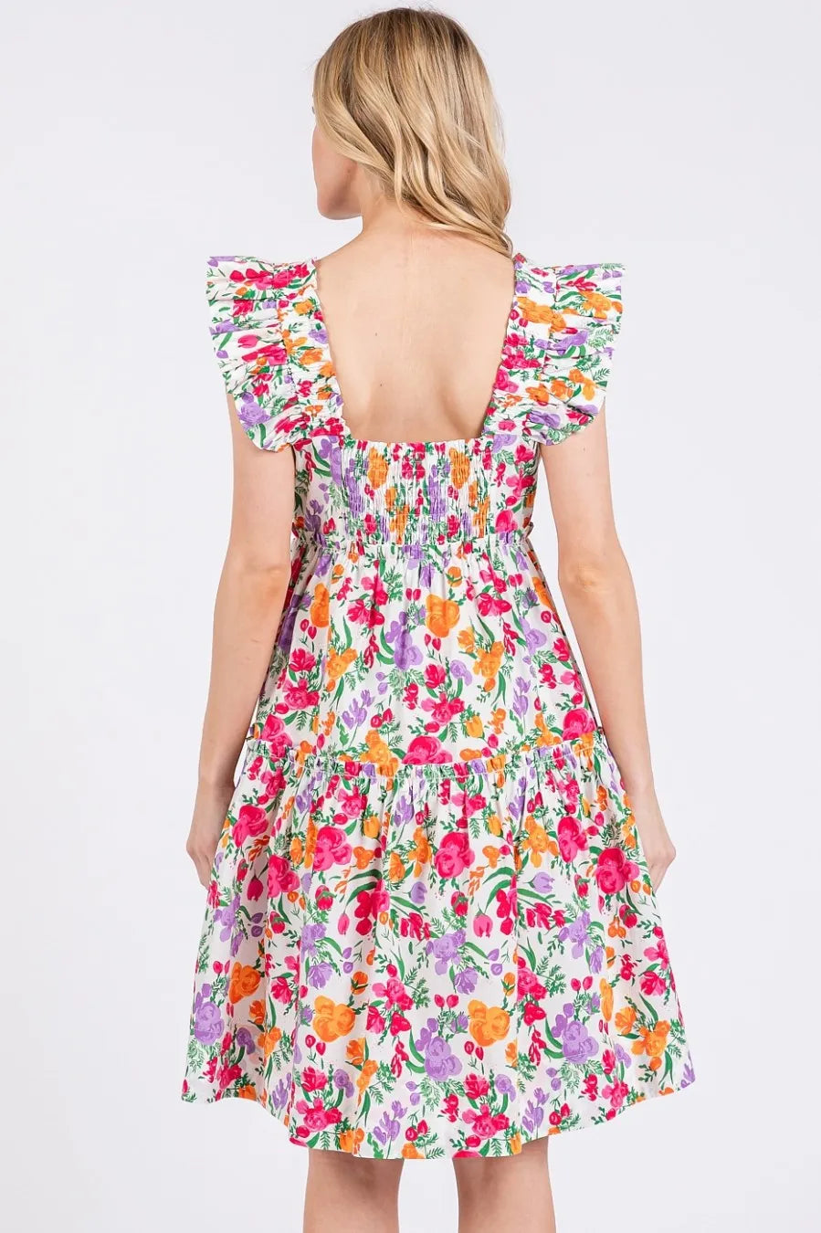 Floral Ruffle Shoulder A Line Mini Dress in Ivory detail