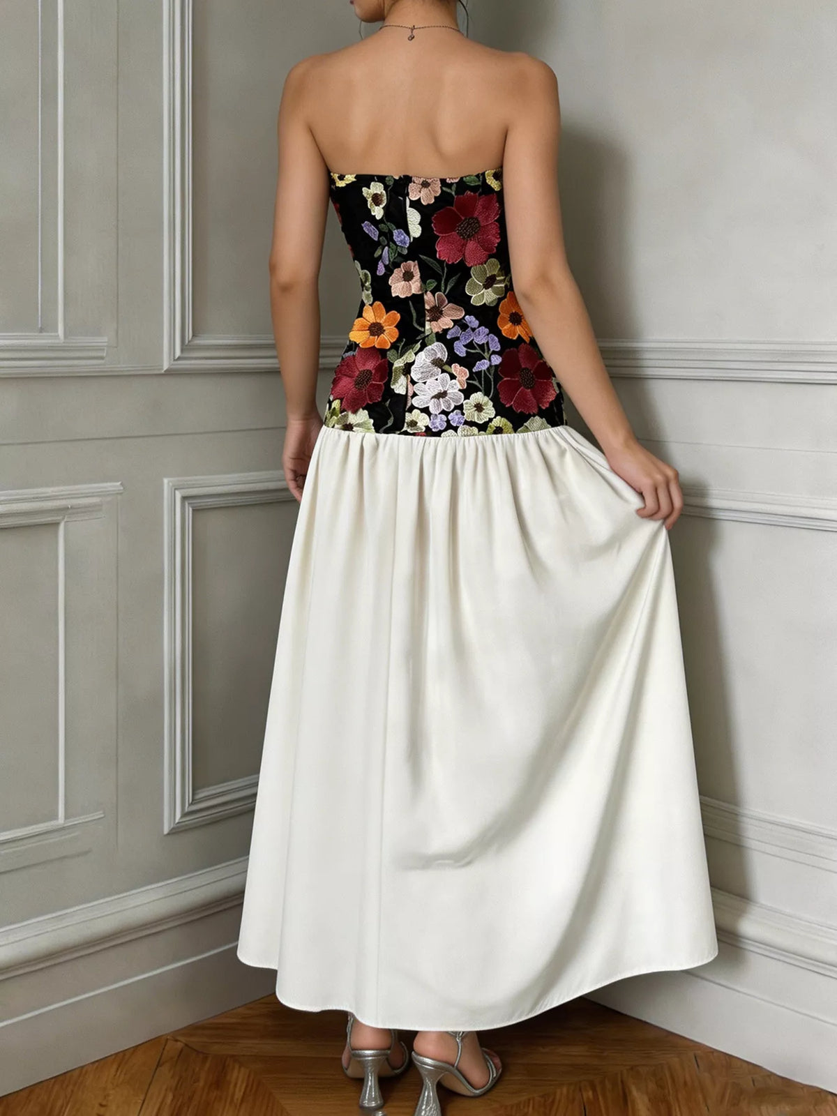 Floral embroidered strapless tube maxi dress back view