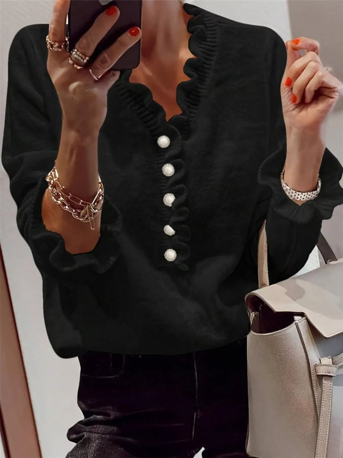 Ruffle Pearl Button Sweater