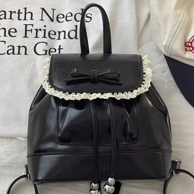 Black lace trim bowknot mini backpack front view