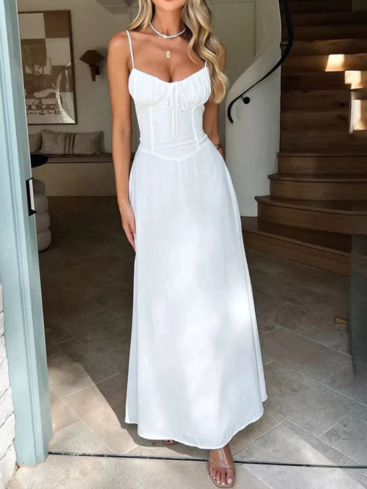 tie front spaghetti strap maxi dress full length view