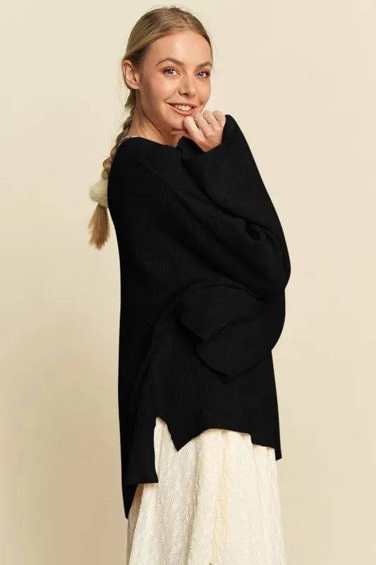 High Low Round Neck Drop Shoulder Sweater in Black back view