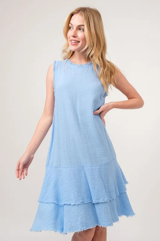Washed Fringe Detail Tiered Dress