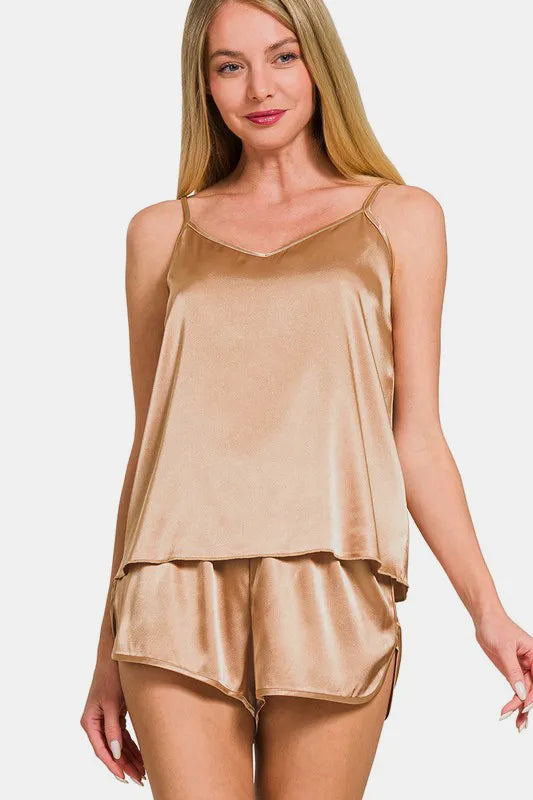 Zenana V-Neck Satin Cami and Elastic Waist Shorts Lounge Set Brush - Fashorio
