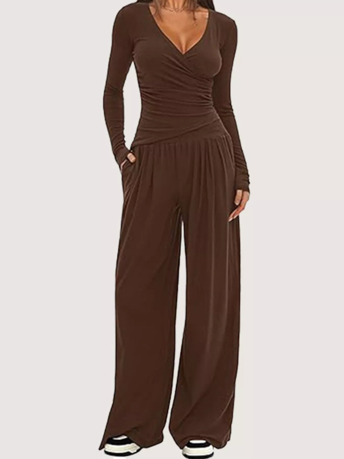 Casual matching top and wide leg pants set back view