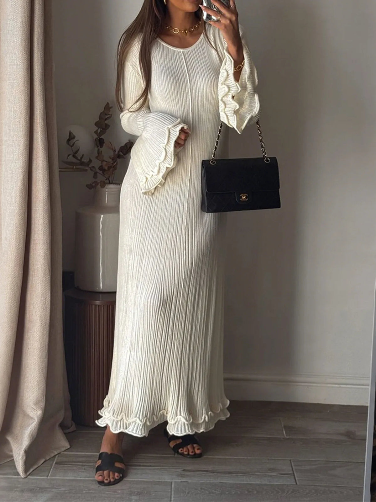 Ribbed long sleeve ruffle hem dress in white front view