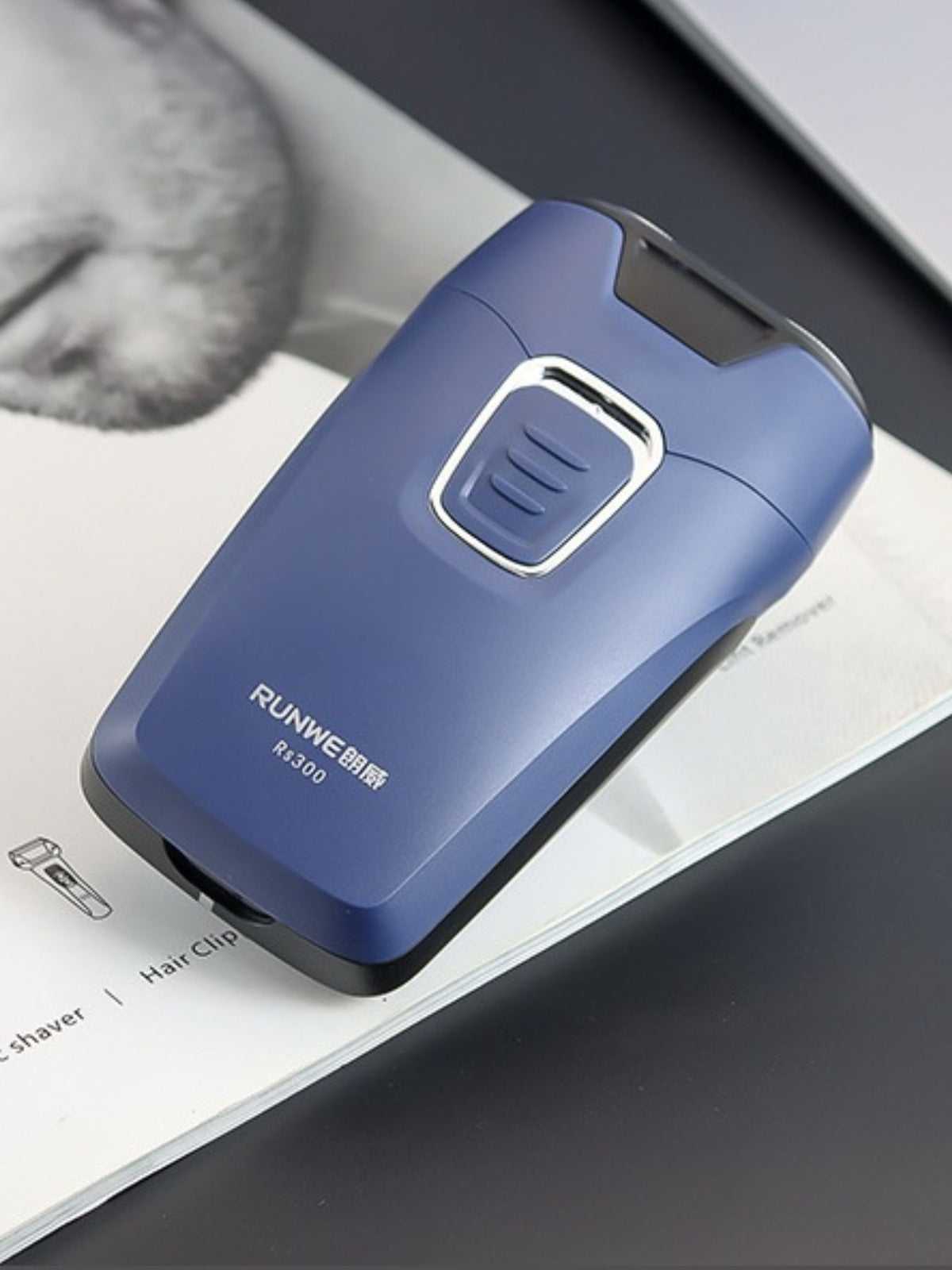 Dusty blue portable electric shaver front view