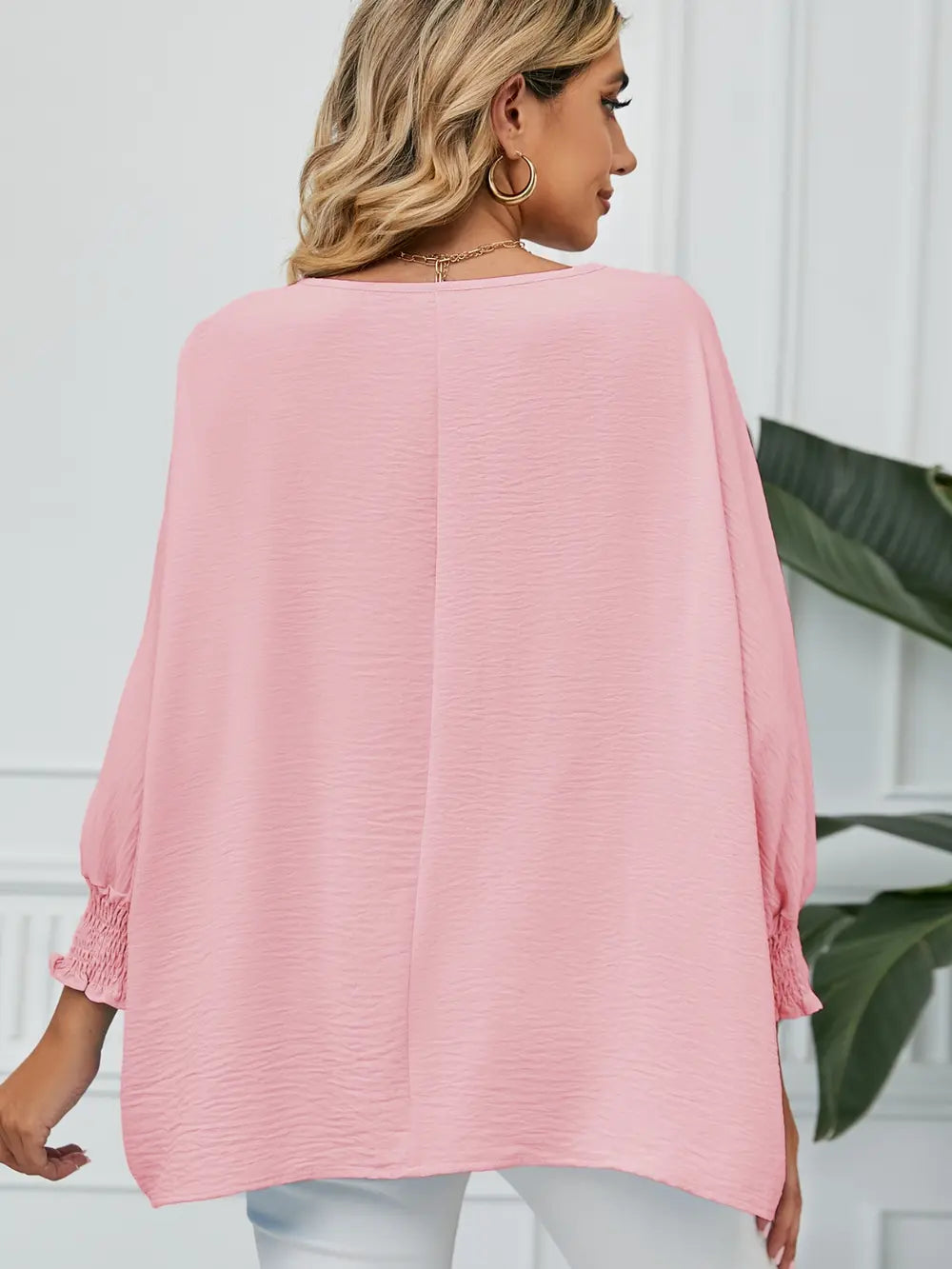 Smocked Lantern Sleeve Round Neck Blouse - Fashorio