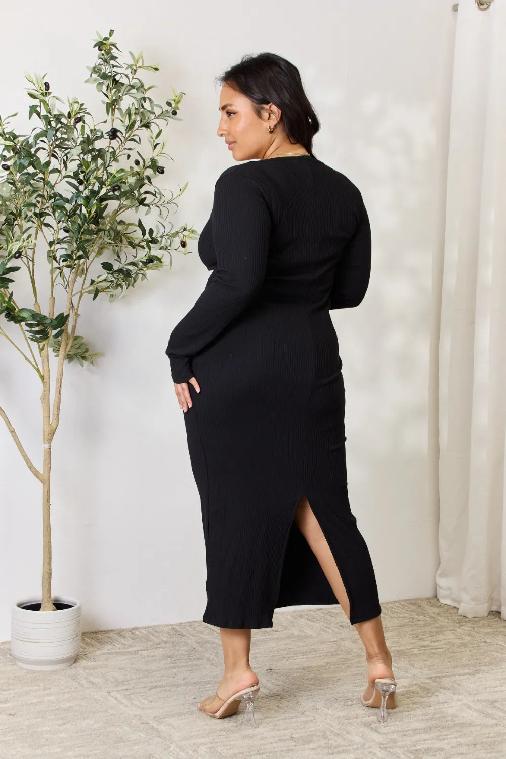 Ribbed Long Sleeve Midi Slit Dress back view