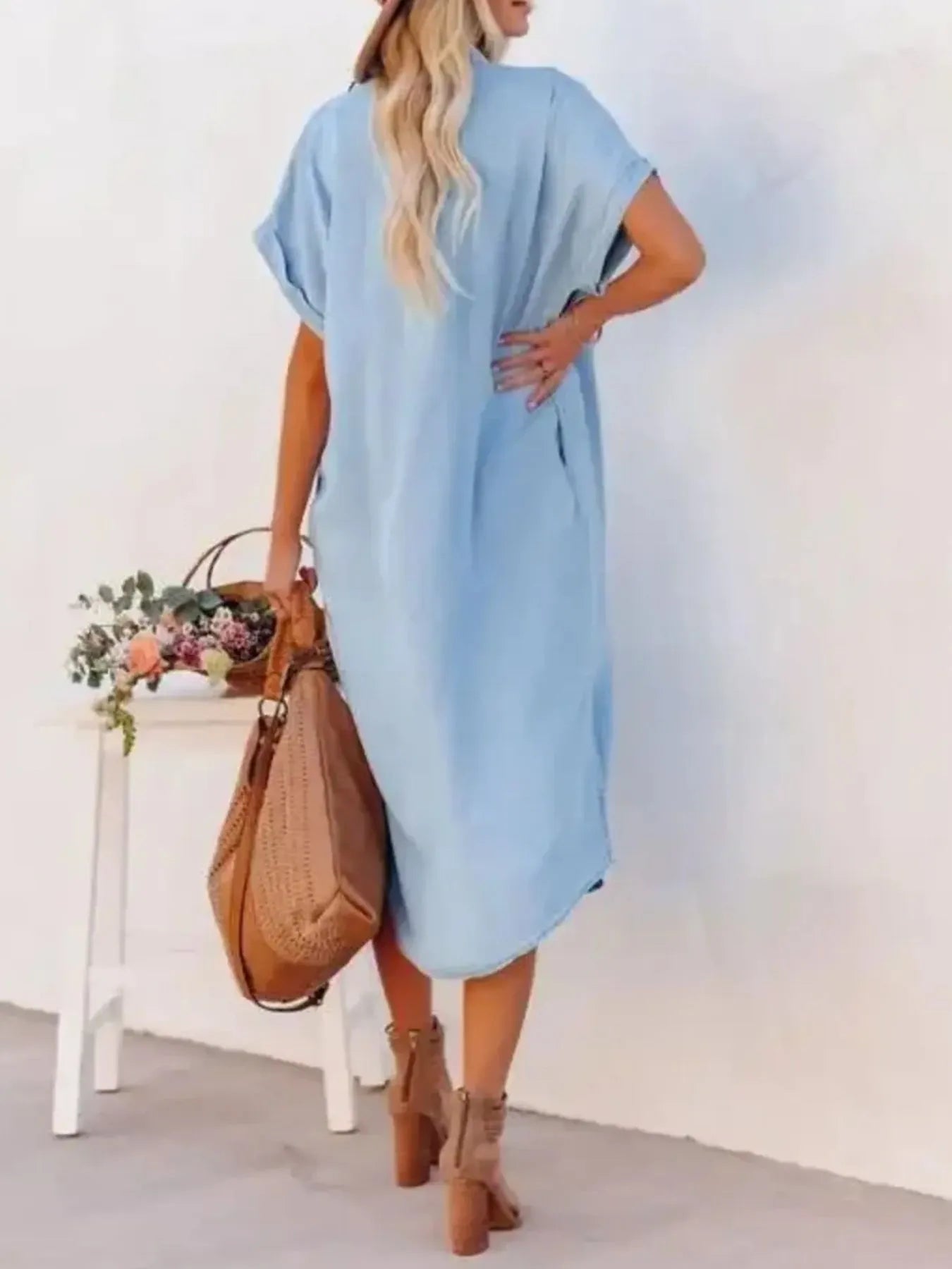 Button Down Denim Midi Shirt Dress - Fashorio