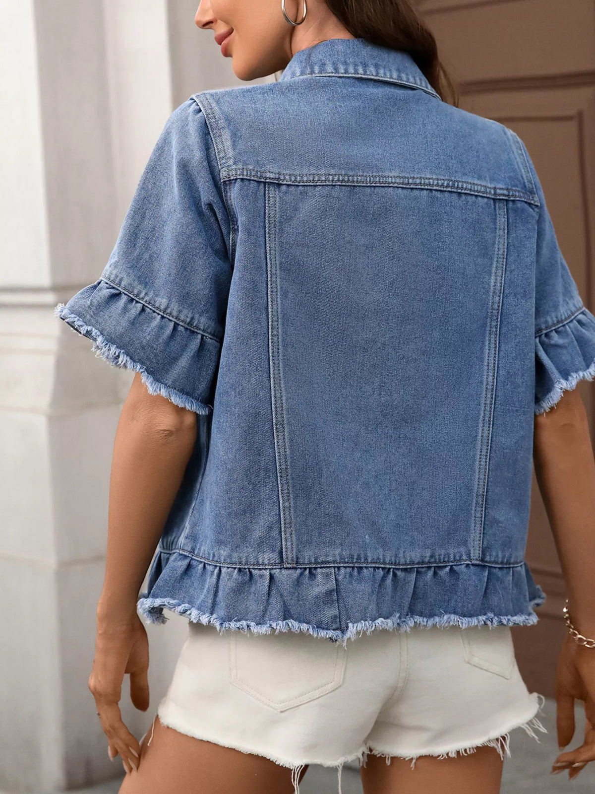 Raw Hem Button Up Denim Jacket in Blue back view