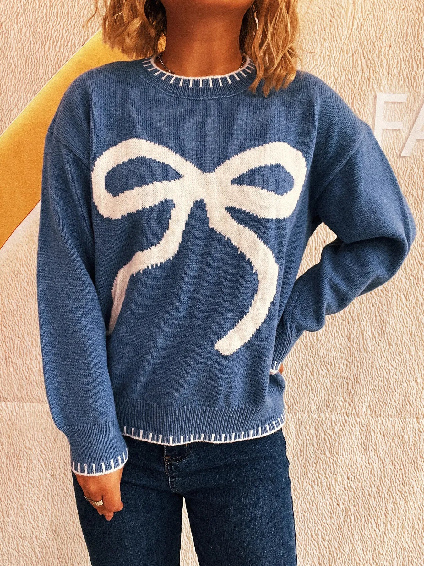 Bow Pattern Round Neck Sweater Blue One Size - Fashorio