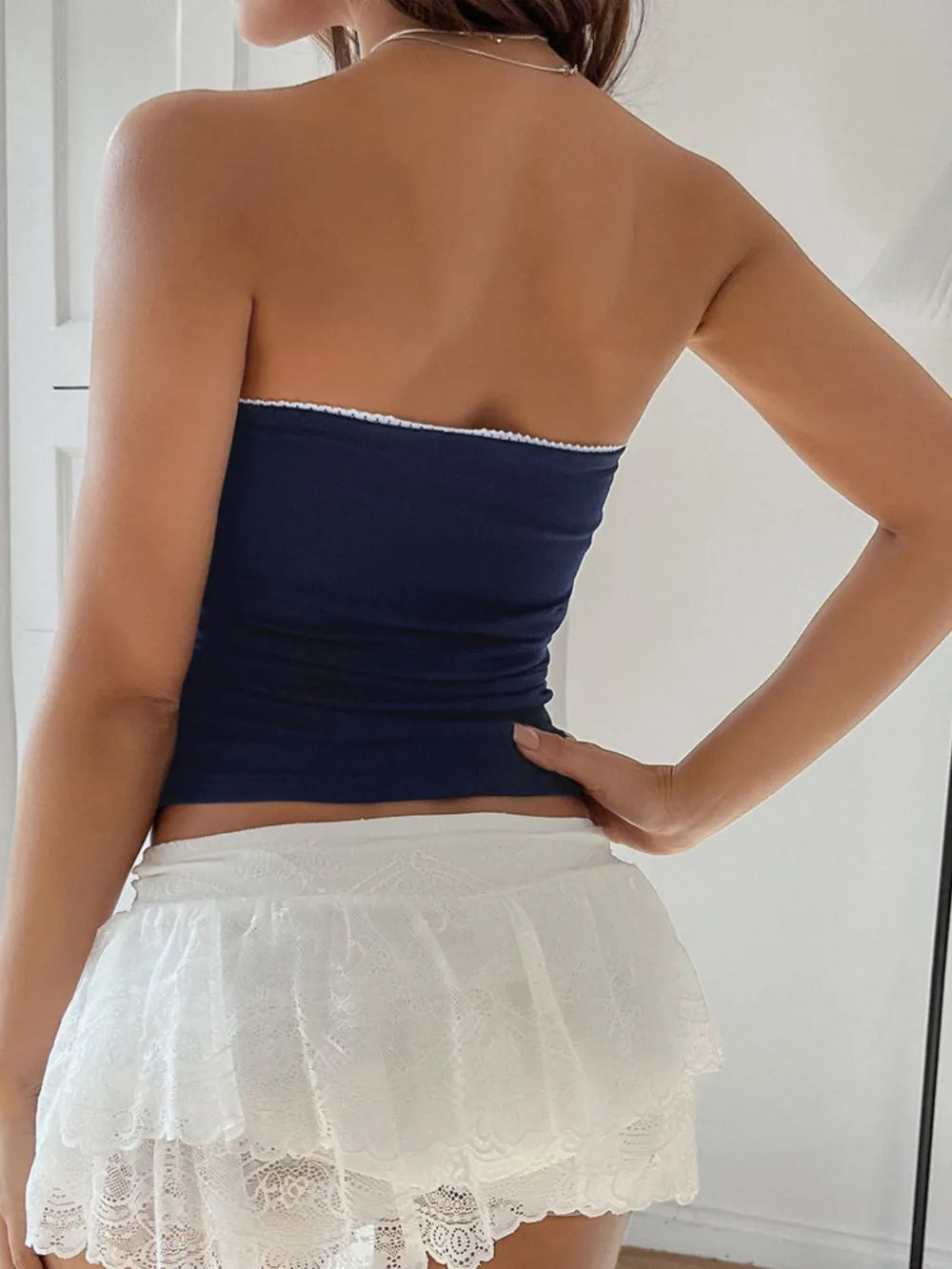 Lace bow tube top back view