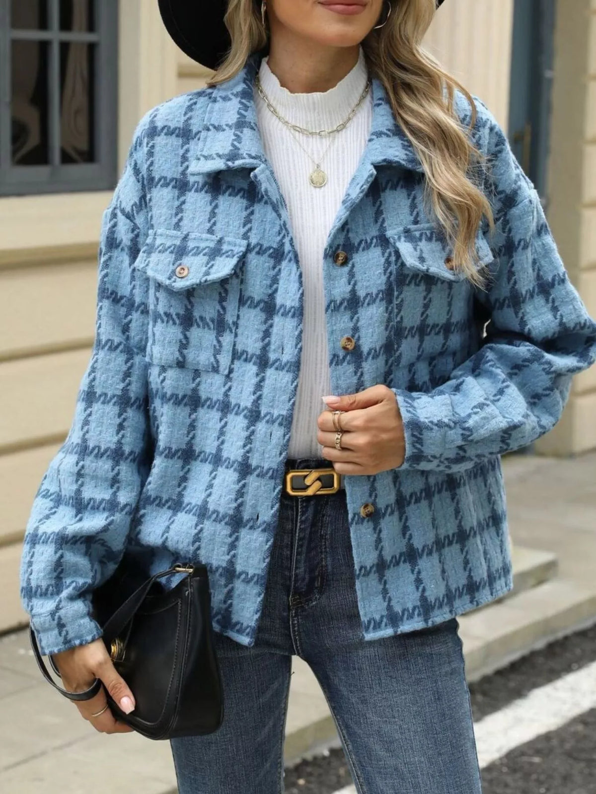 Plaid Button Up Jacket in White and Red view 14