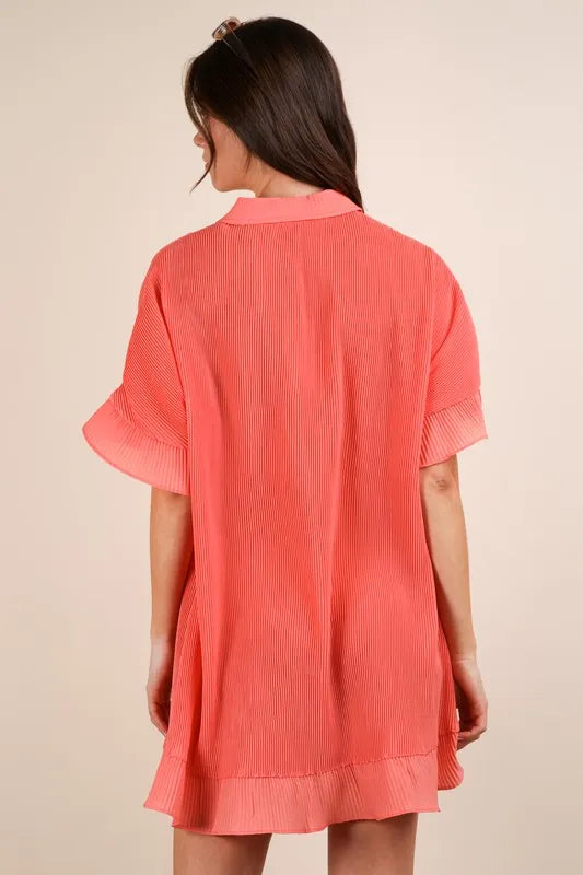 Pleated Button Down Mini Dress in Orange side view