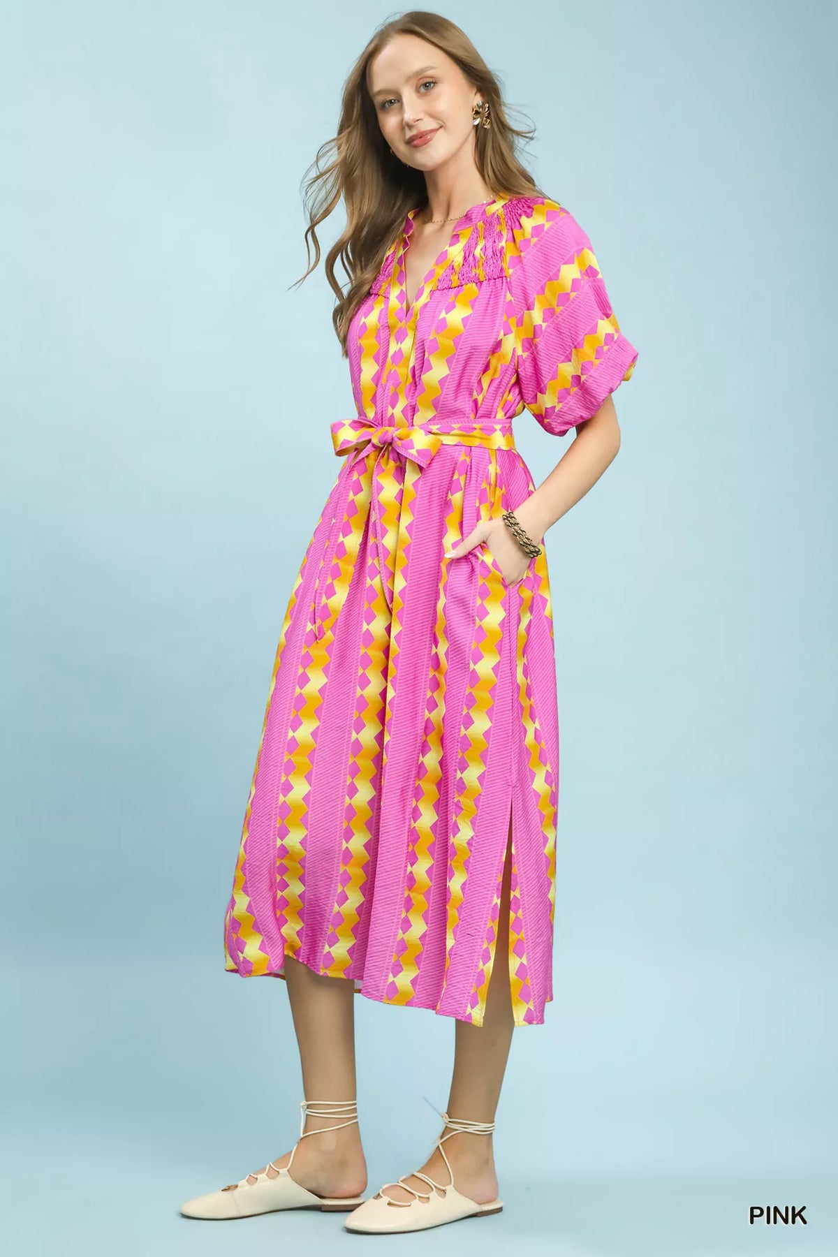 Pink geometric stripe dress waist tie bow detail