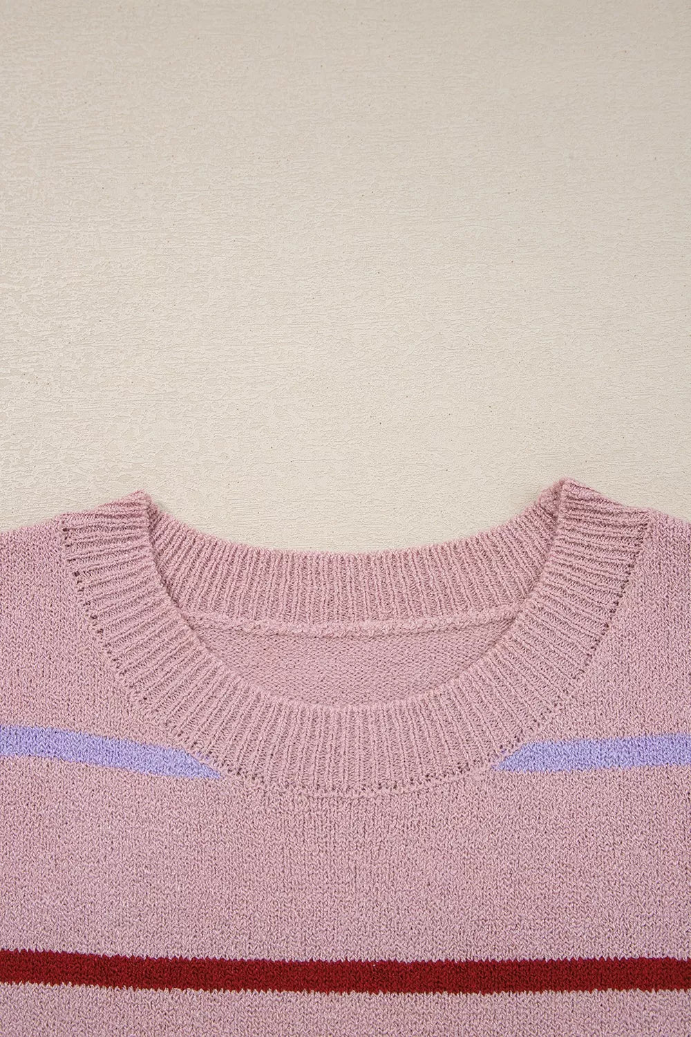 striped drop shoulder long sleeve sweater dusty pink sleeve and cuff detail
